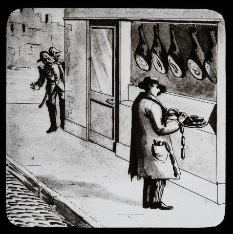 Reproduction d'une illustration de saynète intitulée "Les gendarmes", vue 1/6.