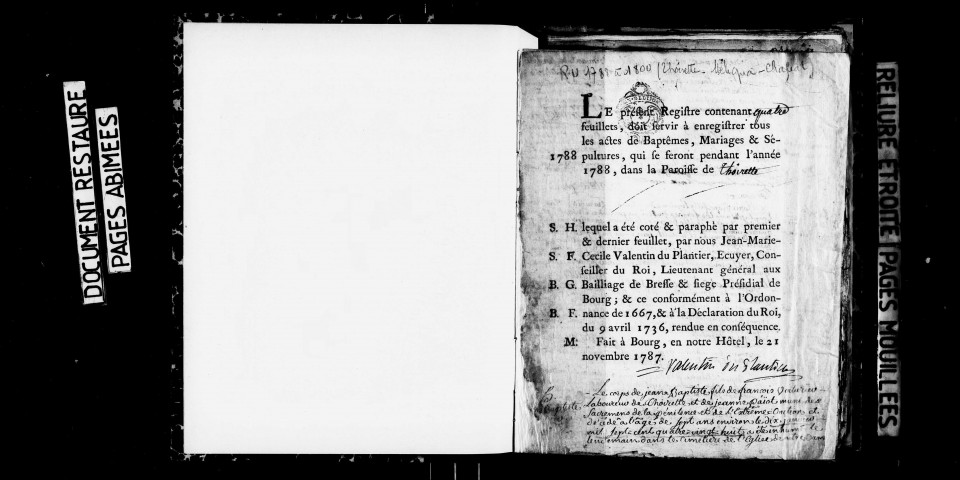 Série communale : baptêmes, mariages, sépultures 1788, 1791-1792. Naissances, mariages, décès 1793-an VII-an VIII.