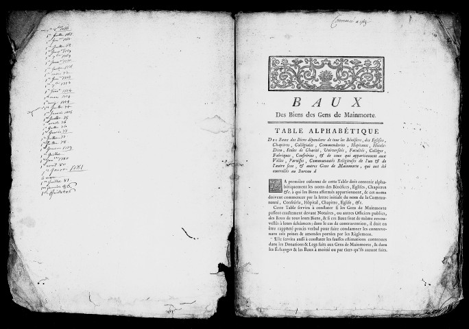 table des baux des biens des gens de mainmorte (1743 - 1788)