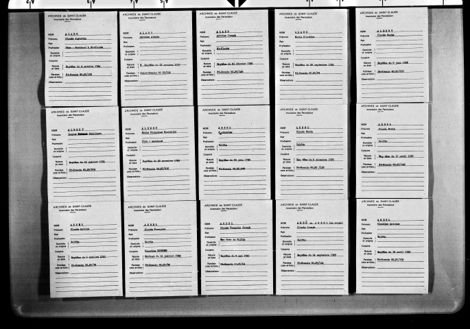 Table alphabétique des registres paroissiaux, A à Ja.