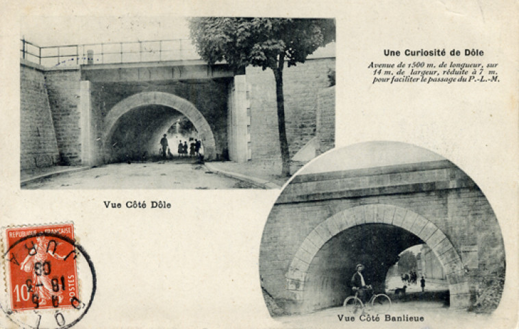 Dole (Jura). Une curiosité de Dole, avenue de 1500m. de longueur, sur 14m. de largeur, réduite à 7m. pour faciliter le passage du P.L.M. Vue côté Dole et vue côté Banlieue.