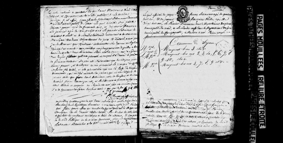Naissances 1793-an II, an IV-1812 ; publications de mariage an XI-1812 ; mariages 1793-an II, an X-1812 ; décès 1793-1812.