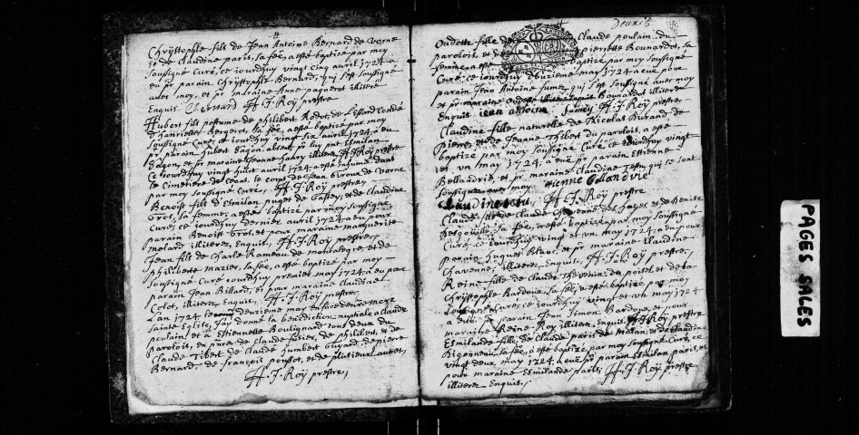 Baptêmes, mariages, sépultures avril 1724-décembre 1734.