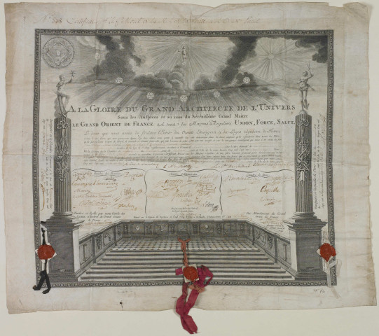 Certificat maçonnique comme vénérable fondateur de la loge de la Vérité à Paris par le chapitre du Grand Orient de France.