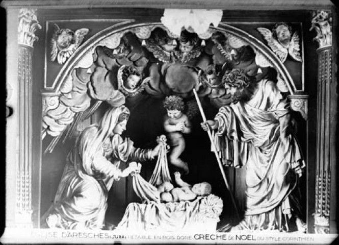 Eglise d'Aresches. Rétable en bois doré, crèche de Noël, style Corinthier 1934