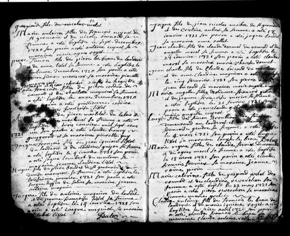 Série communale : baptêmes 5 juin 1720-8 septembre 1733, mariages, sépultures 24 avril 1731-1736.